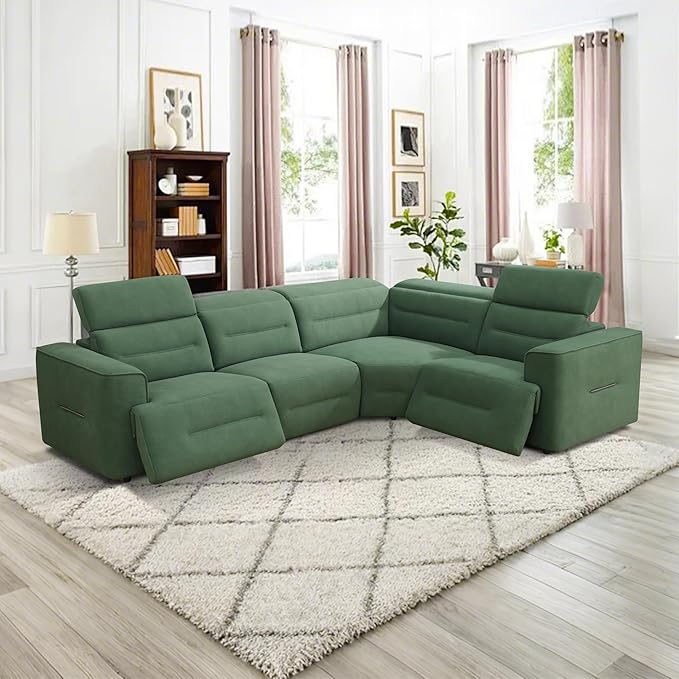 Power Recliner Sectional Sofa Set with USB Ports, Flannel Recliner Sofa Set with Adjustable Headrest, Reclining Sectional Couches, L-Shaped Living Room Furniture Set (Green, 4-Seater)