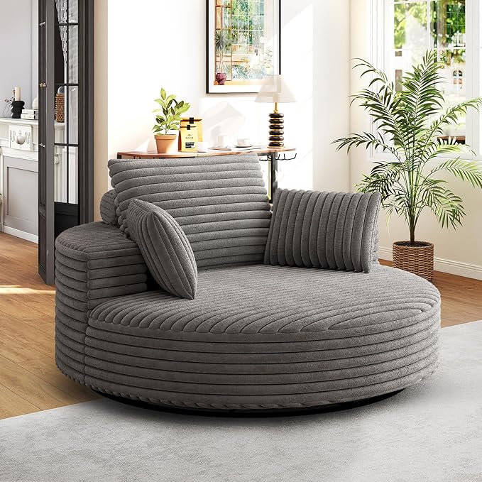 Antetek 360-Degree Oversized Swivel Chair, Modern Round Circle Corduroy Comfy Deep Seat Swivel Accent Chaise Lounge Sofa Chair with Back Cushion & 2 Throw Pillows for Living Room Bedroom Office, Grey