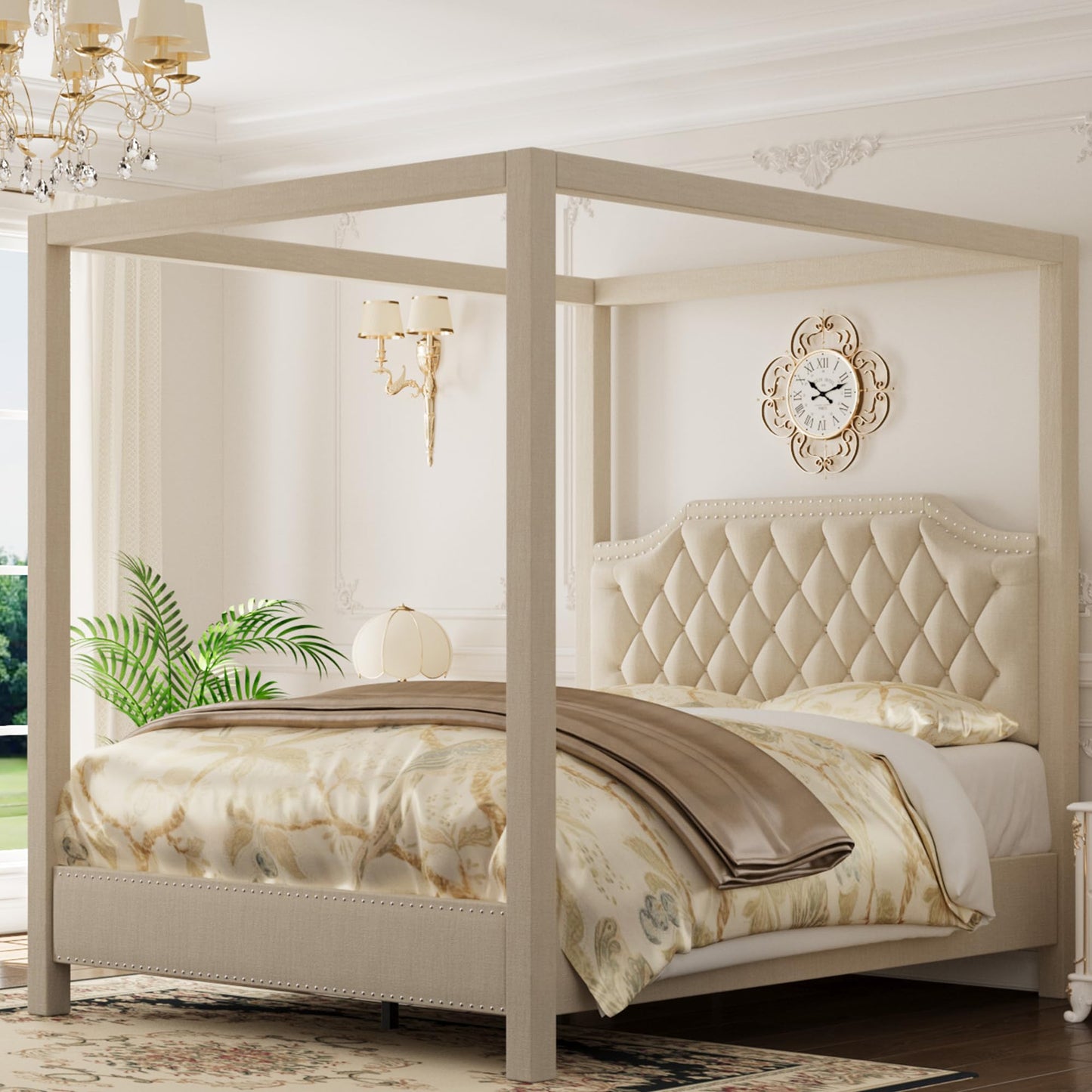 GarveeHome Upholstered Canopy Bed Frame Queen Size with headboard, Button Tufted, Nailhead Trim Design, No Box Spring Required, Beige(Shipped in 2 Boxes)