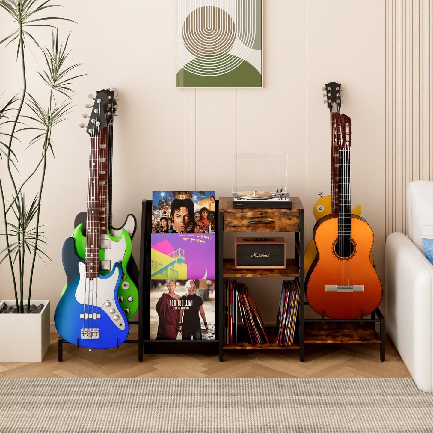 Kikihouse 3 Tier Guitar Stand For Multiple Guitars, Guitar Rack With Amp Shelf And Vinyl Record Storage, Multi Guitar Stand For