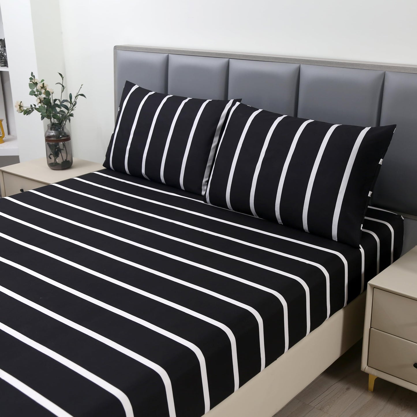 MAG 3pcs Striped Bed Sheet,Black and White Pattern Microfiber Bedding Sheet Set,Hotel Quality Sheets with1 Fitted Sheet and 2 Pillowcases,14 Inches Deep (Black and White, Queen)