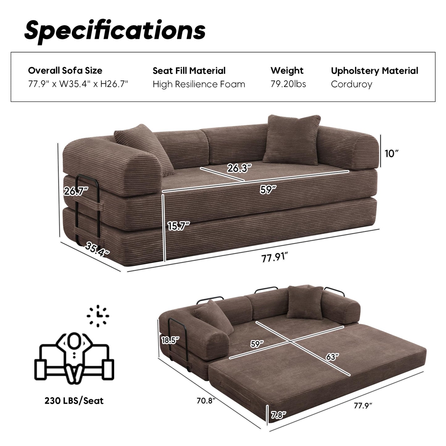 ZEIINPA Convertible Folding Mattress Couch, Comfy Corduroy Sleeper Floor Sofa Bed with Fixed-Shape Frame, Floor Sofa with Armrest, Lounge Couch for Living Room Bedroom Lounge Studio,Brown