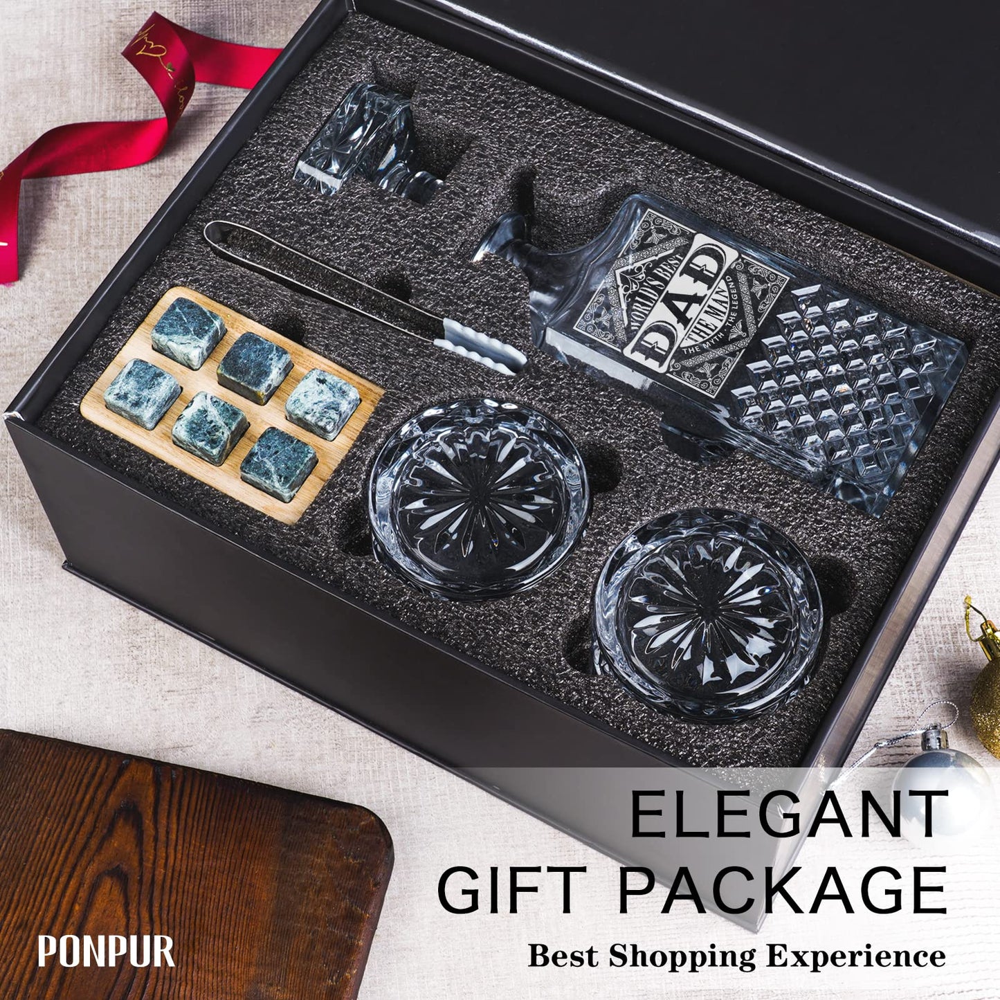 PONPUR Gifts for Men Dad Stocking Stuffers, Whiskey Decanter Set with 2 Glasses, Unique Cool Dad Birthday Gift from Daughter Son, Best Christmas Retirement Present for Man Father