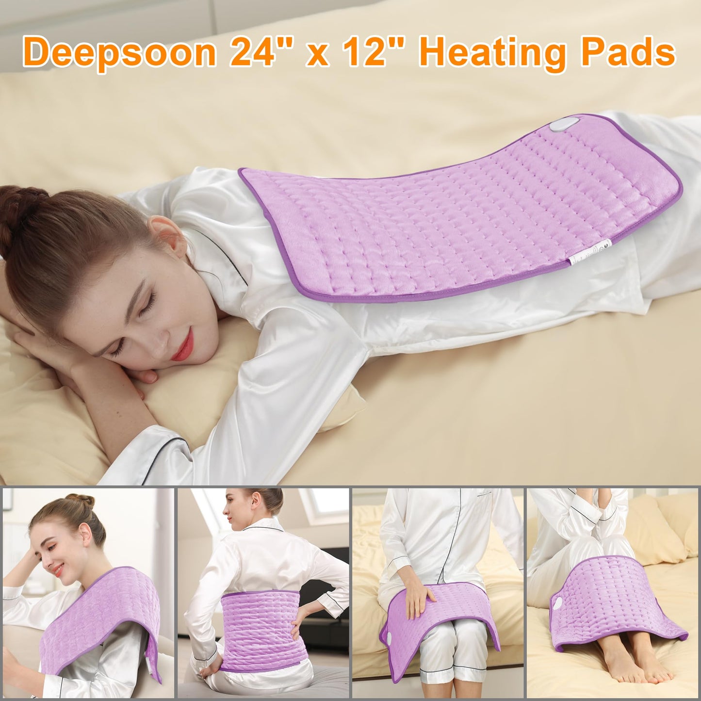 Deepsoon Heating Pad,Electric Heating Pads for Back,Neck,Abdomen,Moist Heating Pad for Shoulder,Knee,Arms,Legs,Dry/Moist Heat & Auto Shut Off,Christmas Gifts for Men and Women,Light Purple,24x12 Inch