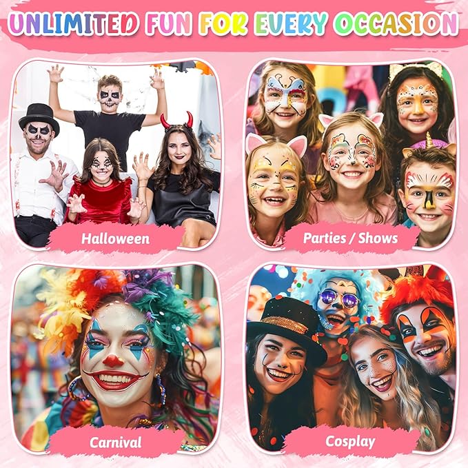 Professional Face Painting Kit, 26 Colors Oil Palette Face Paint with 6 Stencils, 41 Stencil Stickers, 10 Brushes, 9 Body Glitter, 2 Sheets Adhesive Gems, Rainbow Facepaint for Kids Party & Halloween