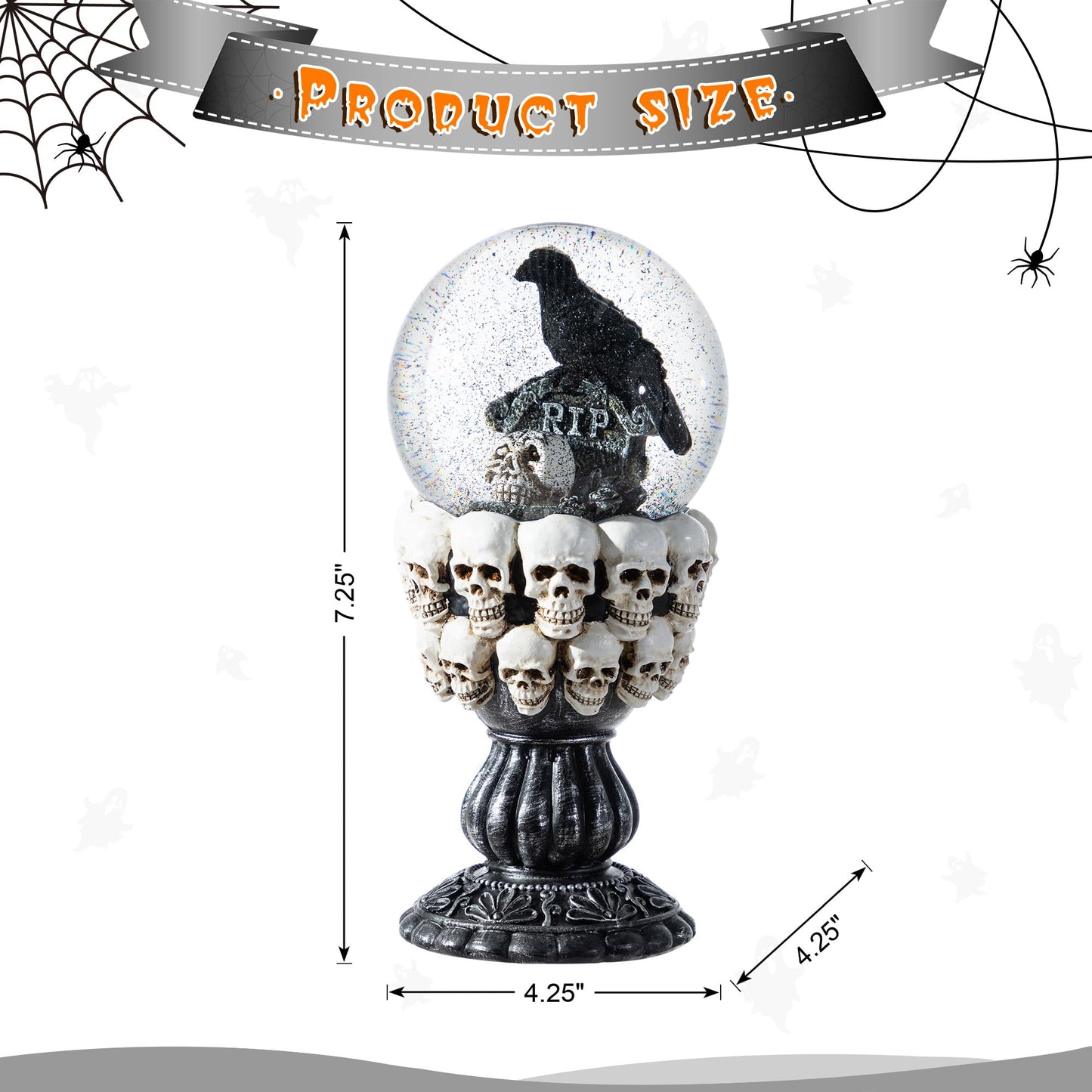 Glitzhome 100MM Halloween Stacked Skull Water Snow Globe, 7.25''H Poly Resin Stacked Skull Raven Waterglobe for Halloween Decor, Gothic Home Decoration, Spooky Gift, and Holiday Tabletop Decoration