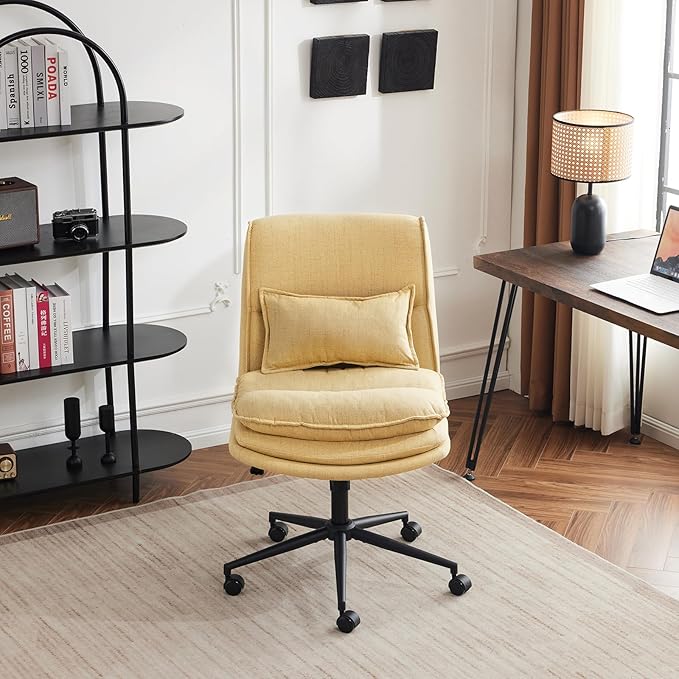 VINGLI Cloud Criss Cross Legged Chair,18" High Back Armless Home Office Desk Chair with Wheels,Wide Adjustable Comfy Padded Seat Task Computer Chair,Modern Swivel Makeup Vanity Chair,Fabric,Yellow