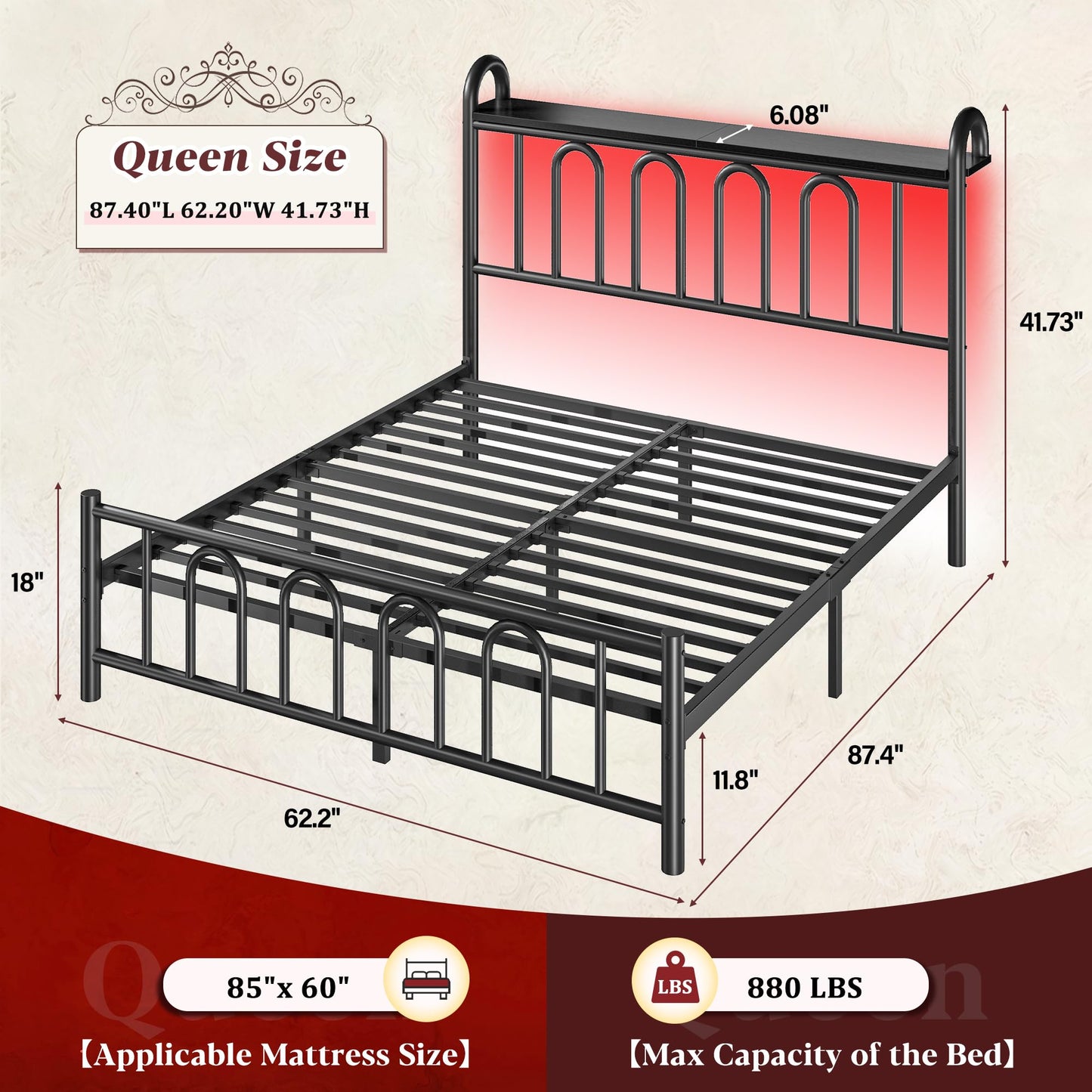 Homkdom Queen Bed Frame Metal Platform Bed Frame/Victorian Headboard and Footboard/LED Light/Sturdy Mattress Foundation with Under Bed Storage/No Box Spring Needed/Noise-Free/Easy Assembly, Black