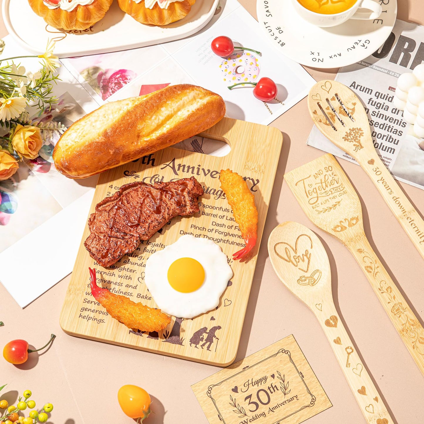 RimCereal 5 Pcs Wedding Kitchen Serving Board Set Anniversary Married Gifts for Women Men Husband Wife Parents Couple Pearl Ruby Golden Diamond Anniversary-recipe for a Happy Marriage(30th)