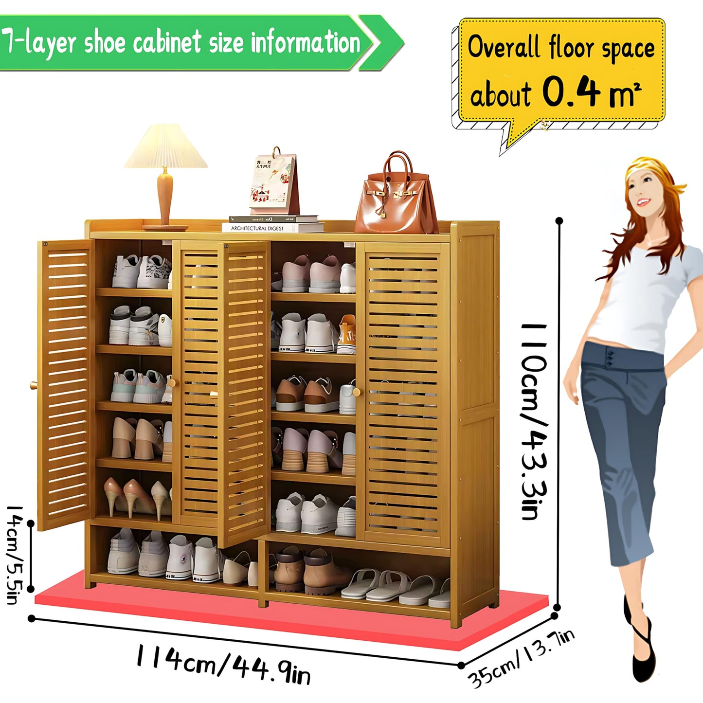 famlycokli 7-Tier Bamboo Shoe Storage Cabinet for Entryway, Shoe Cabinet with Shutter Doors, 36-40 Pairs Freestanding Shoe Rack Organizer, Shoe Organizer with Adjustable Shelves for Hallway, Closet