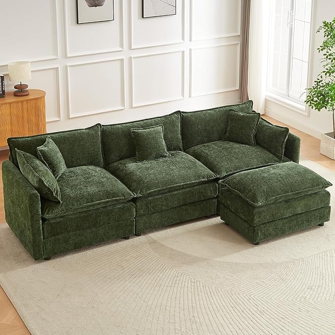saows Modular Sectional Sofa, 112.2 Inch L Shaped Couch Set with Armrests, 3-Seater Comfy Cloud Couches with Movable Ottoman for Living Room Apartment, Green Sofa