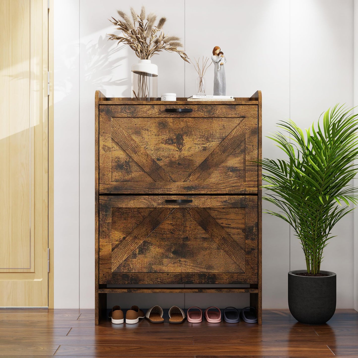 Shoe Cabinet with 2 Flip Drawers, Shoe Cabinet Storage for Entryway with Wider Adjustable Shelf, Hidden Freestanding Farmhouse Shoe Rack Organizer for High Heels, High - Top Shoes&Plus Size Shoes