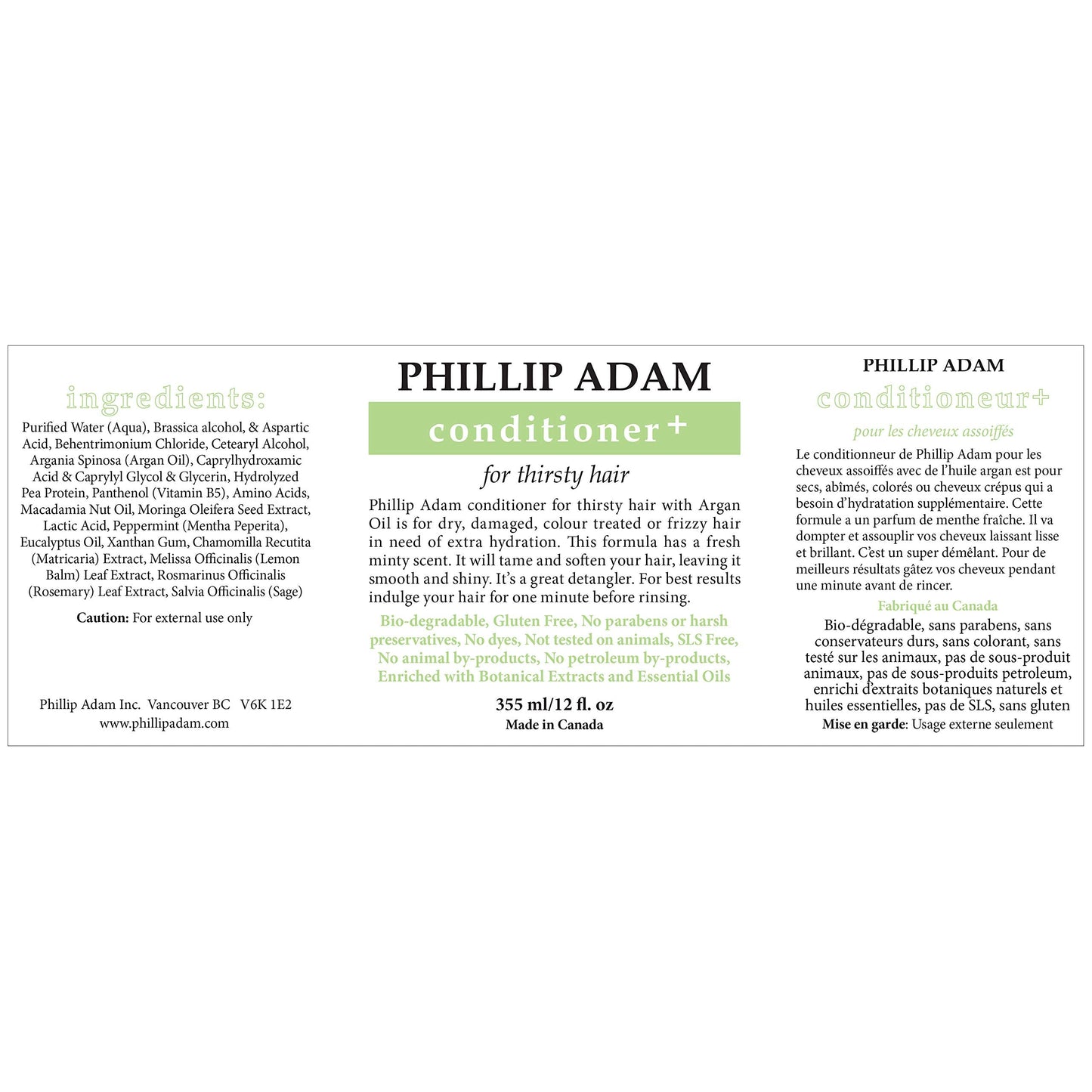 Phillip Adam Thirsty Hair Conditioner + for Dry or Damaged Hair - Infused With Argan Oil, Moringa Seed Oil and Macadamia Oil - P