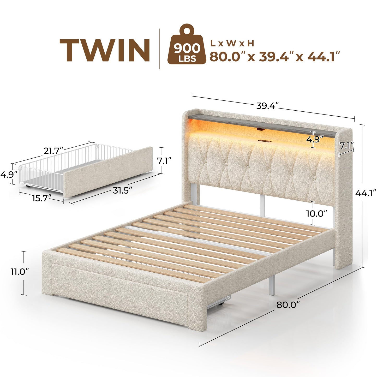 Rolanstar Twin Bed Frame with Drawer, Storage Headboard with Charging Station and LED Lights, Upholstered Bed with Heavy Duty Wood Slats, No Box Spring Needed, Noise Free, Easy Assembly, Beige