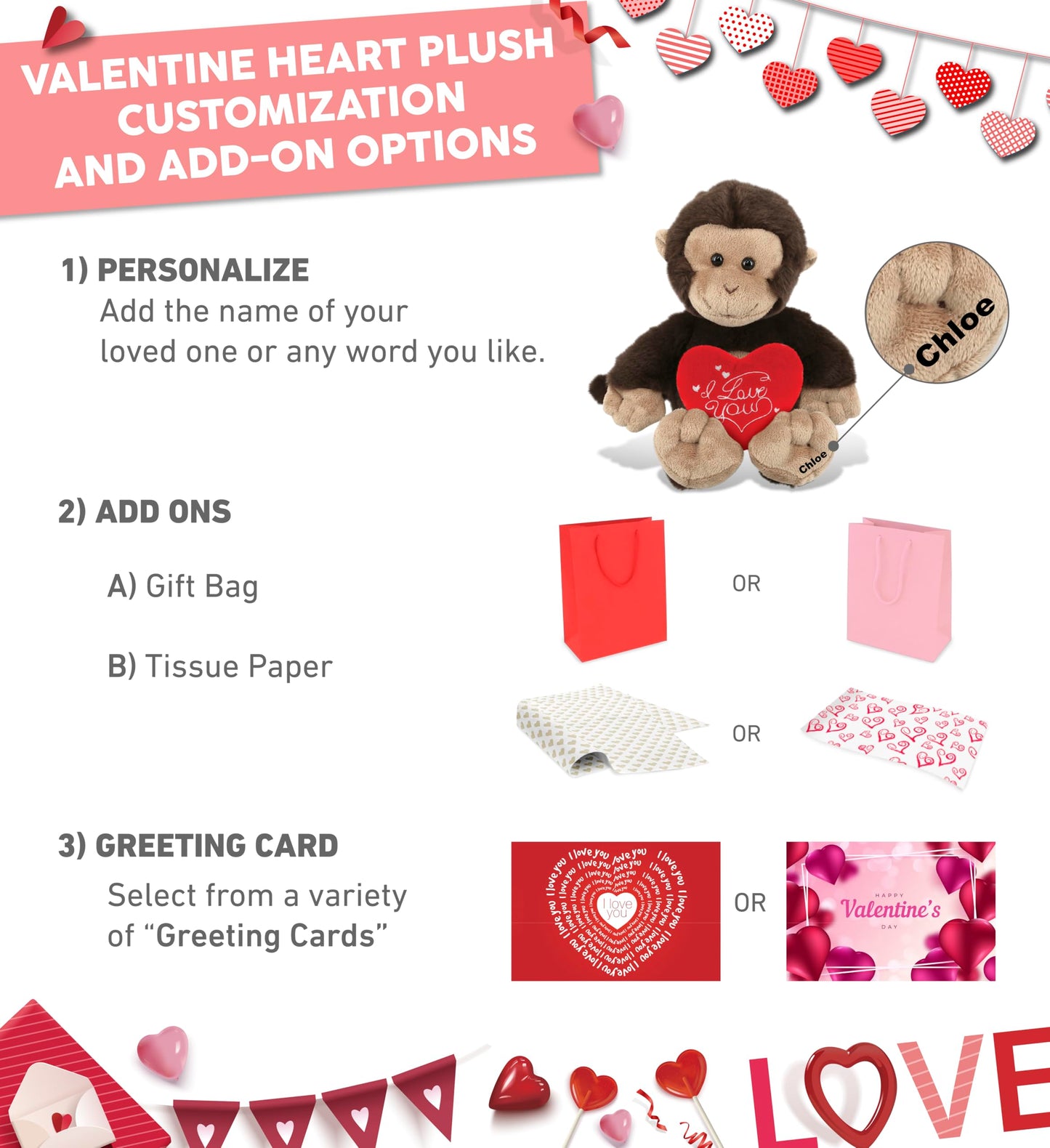 DolliBu I Love You Valentine Plush Monkey - Cute Stuffed Animal with Red Heart and Name Personalization Gift for Valentines Day, Birthday, Anniversary, Romantic Date - 9 Inches