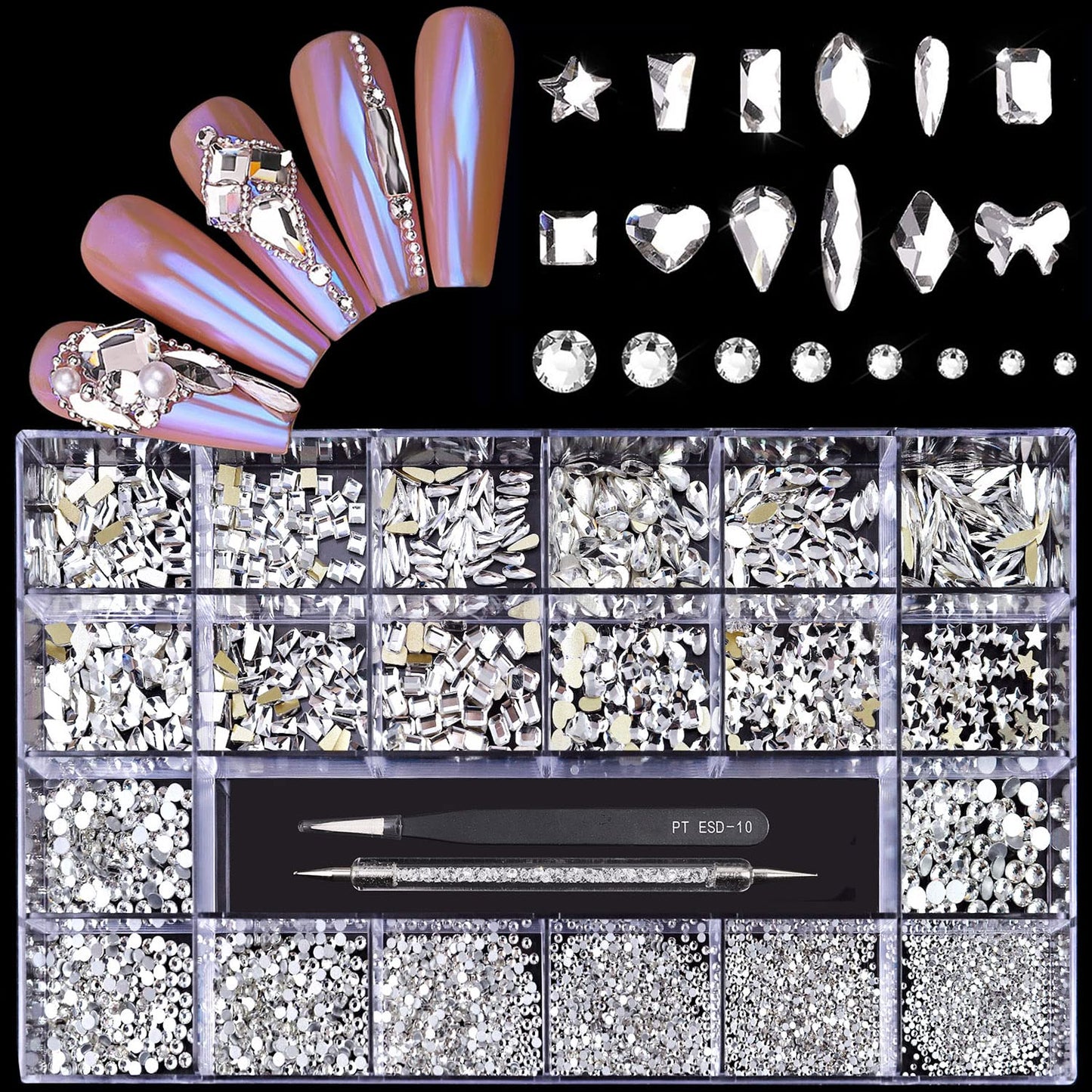 12 Types of 600 Crystal AB Diamonds + 2500 Flat Rhinestones Mix 20 Styles Flatback DIY Crafts Rhinestone Crystals 3D Ornaments Flat Back Stones Set + Tweezers + Drill Pen