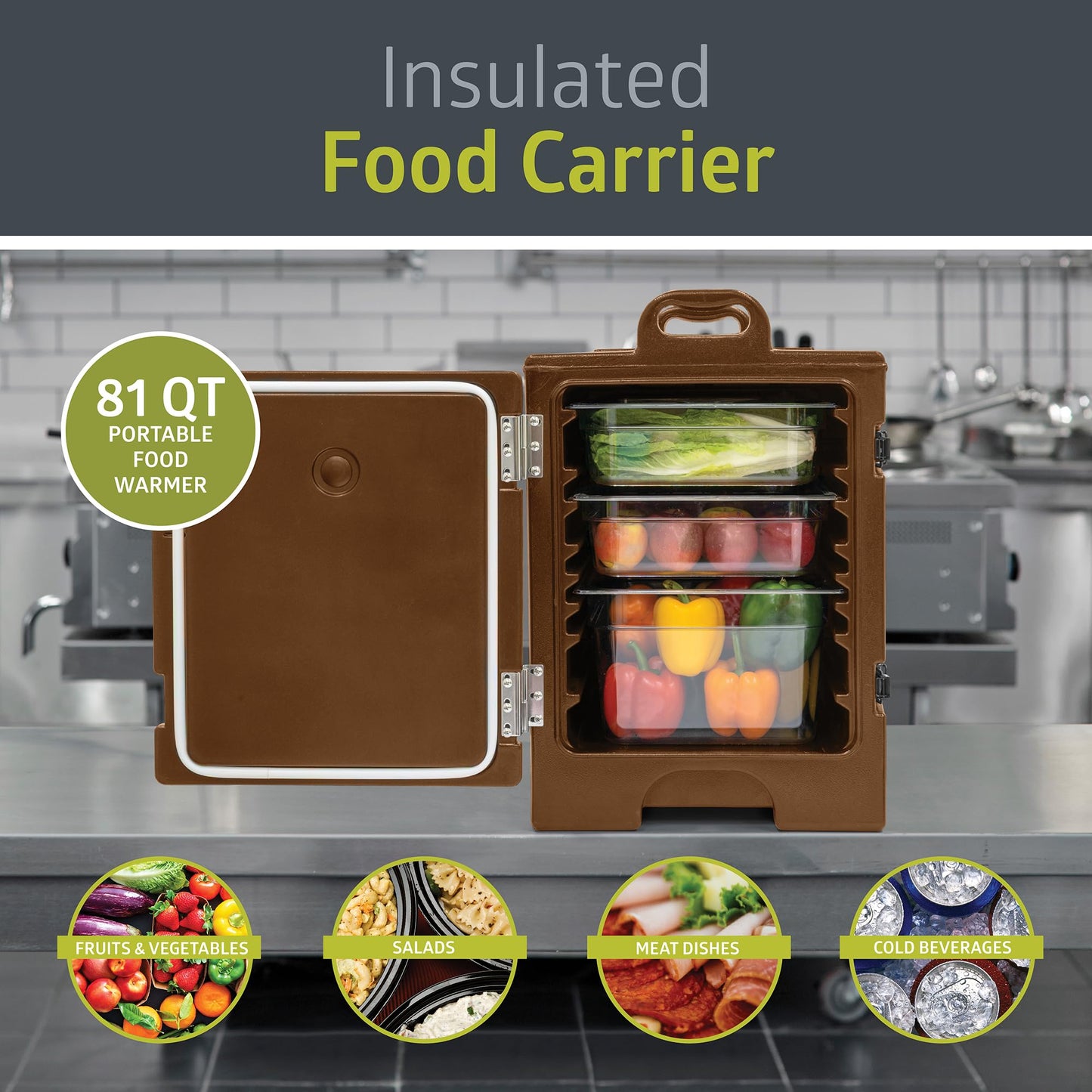 Pearington Premium Insulated Food Pan Carrier, 81 Quart, Double Walled with Dual Front Latches, Fits 5 Full Size Pans, Brown