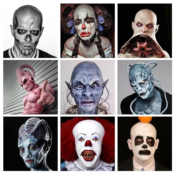 MEICOLY Bald Cap Kit for Women and Men,All-in-One Bald Cap Costume Set for Halloween SFX Makeup,Cosplay,Performance Stage,Theatre,Film,Spirit Gum and Remover Kit,Setting Powder,Liquid Latex,10PCS