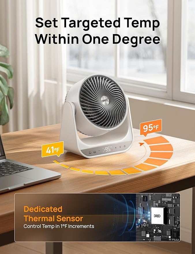 DREO 60ยฐ Vertical & 90ยฐ Horizontal 3D Oscillating Heating, 12 ft/s Long-Range Circulator, 3 Heat & 3 Fan Settings, Space Heaters for Indoor Use, Bedroom, Office, White