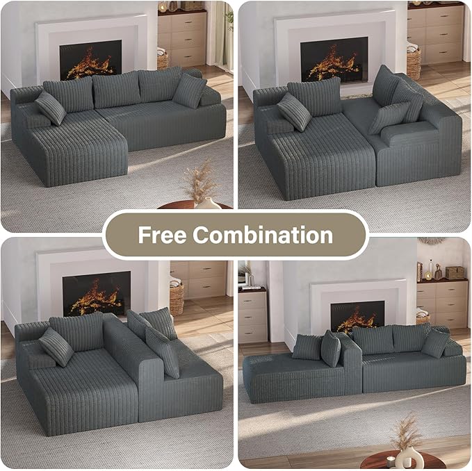 LAUSAINT HOME 96" Modular Sectional Sofa Couches, L-Shaped Boneless Cloud Sofa with 3 Deep Seat, 5 Cushiones Oversized Chaise for Living Room, Bedroom, Plush Corduroy Fabric (Left, Grey)