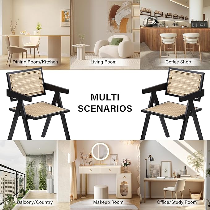 Furlide Rattan Dining Chairs Set of 2, Modern Mid Century Dining Chairs with Arms, Outdoor Bamboo Chairs for Bedroom, Living Room, Reading Room, Black