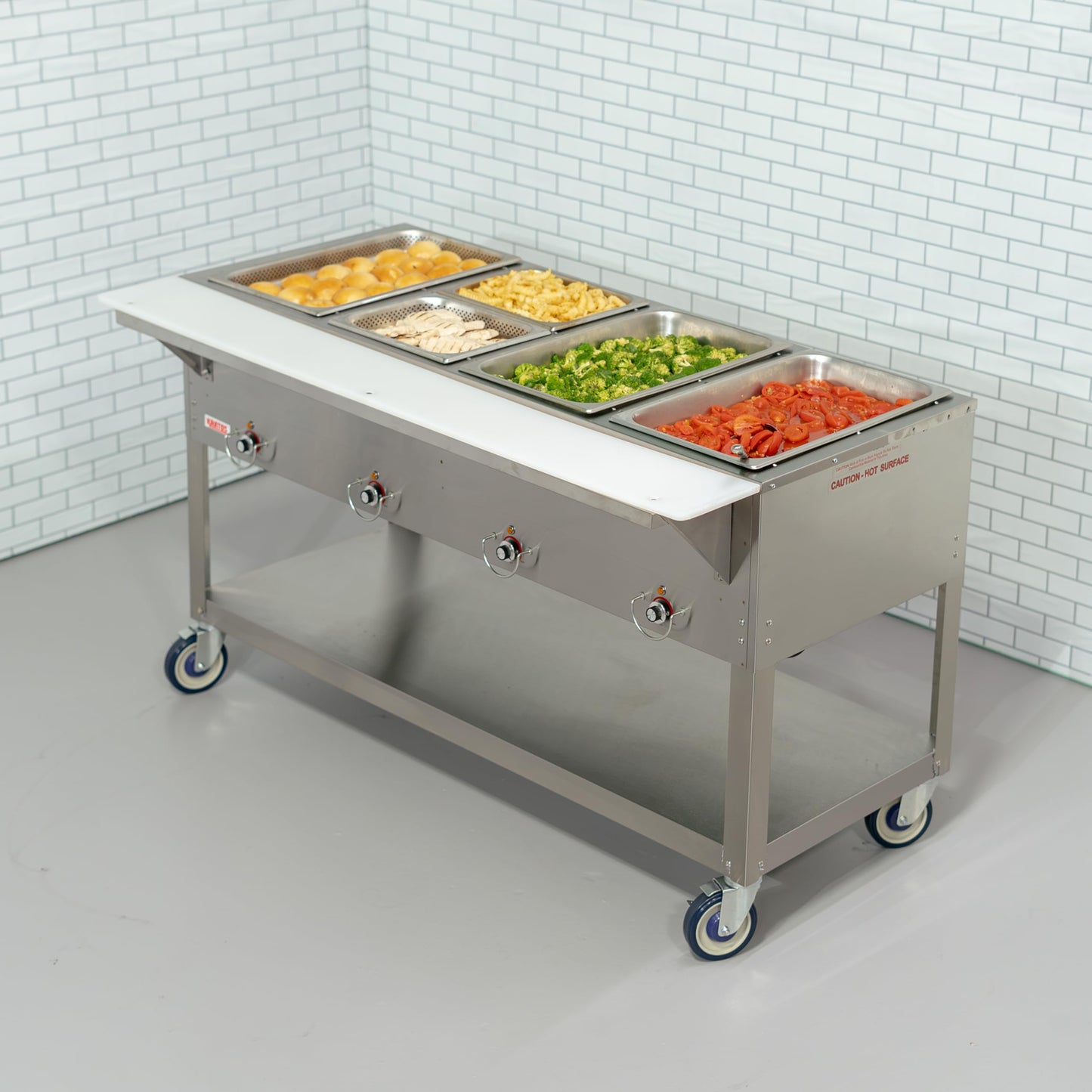 Kratos Commercial Mobile Electric Steam Table/Hot Food Table, 4 Wells, Stainless Steel, NSF 240V (28W-199)