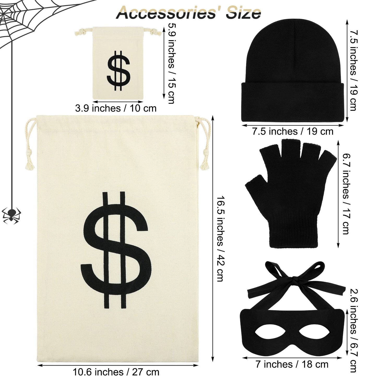 SOMSOC Adult Halloween Robber Costume Set Include Short Sleeves Stripe T-shirt Beanie Cap Dollar Sign Money Bag Eye Mask Half-finger Gloves for Halloween Cosplay Pirate Burglar Theme Party, Large