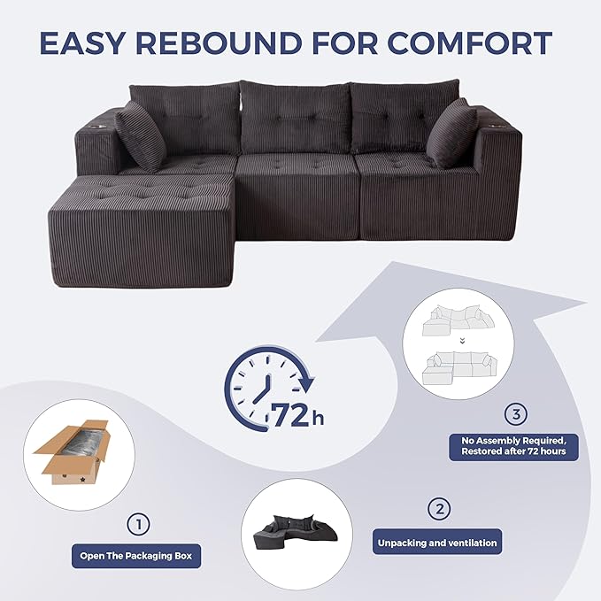 MAXYOYO Modular Sectional Sofa Couch, L Shaped Modern Cloud Couch with Ottoman, Sofa in A Box, Tufted 4-Seat Boneless Sleeper Chair for Living Room, No Assembly Required, Grey