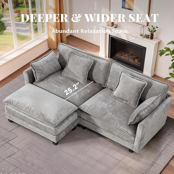 SoarFlash Chenille 77.95" Sectional Sofa, Comfy L Shaped Modular Coush Sofa with Ottoman, Modern 2 Seat Couch Deep Seat Sofa Set for Living Room,Grey