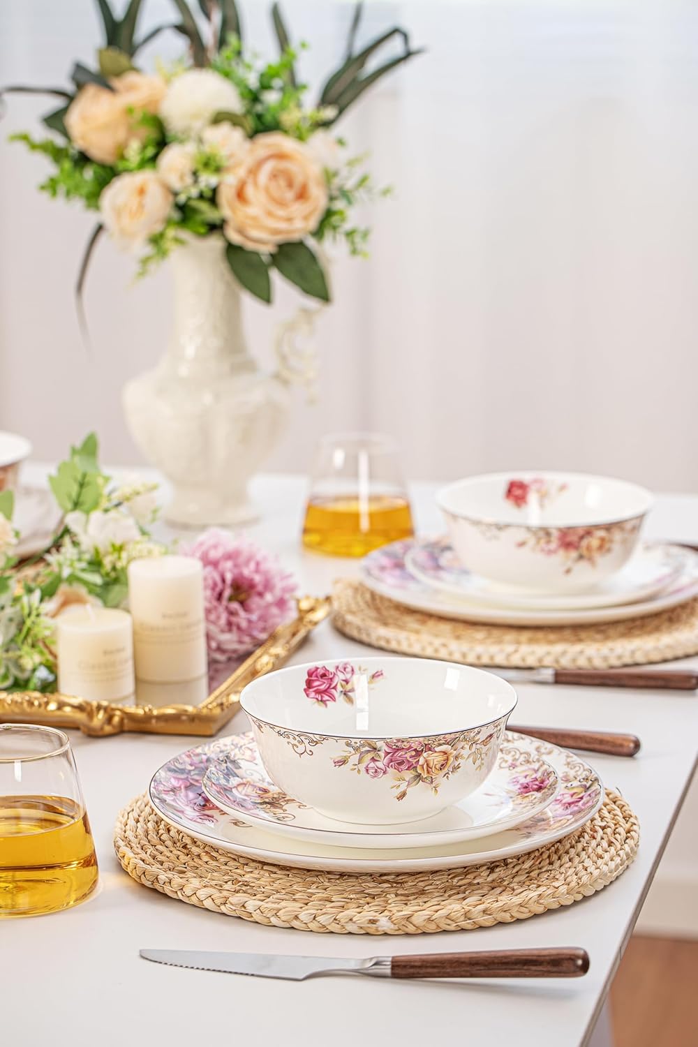 Bone China Plates and Bowels,12-Pieces Dinnerware Sets, Highly Chip and Crack Resistant, Dishwasher & Microwave Safe Dishes Set, Dense and Translucence