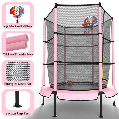 LANGXUN 60" Trampoline for Kids with Basketball Hoop, 5ft Indoor Outdoor Toddler Mini Trampoline with Raised Safety Net - Birthday Gifts for Boys and Girls, Christmas Toys for 3-10 Years Old