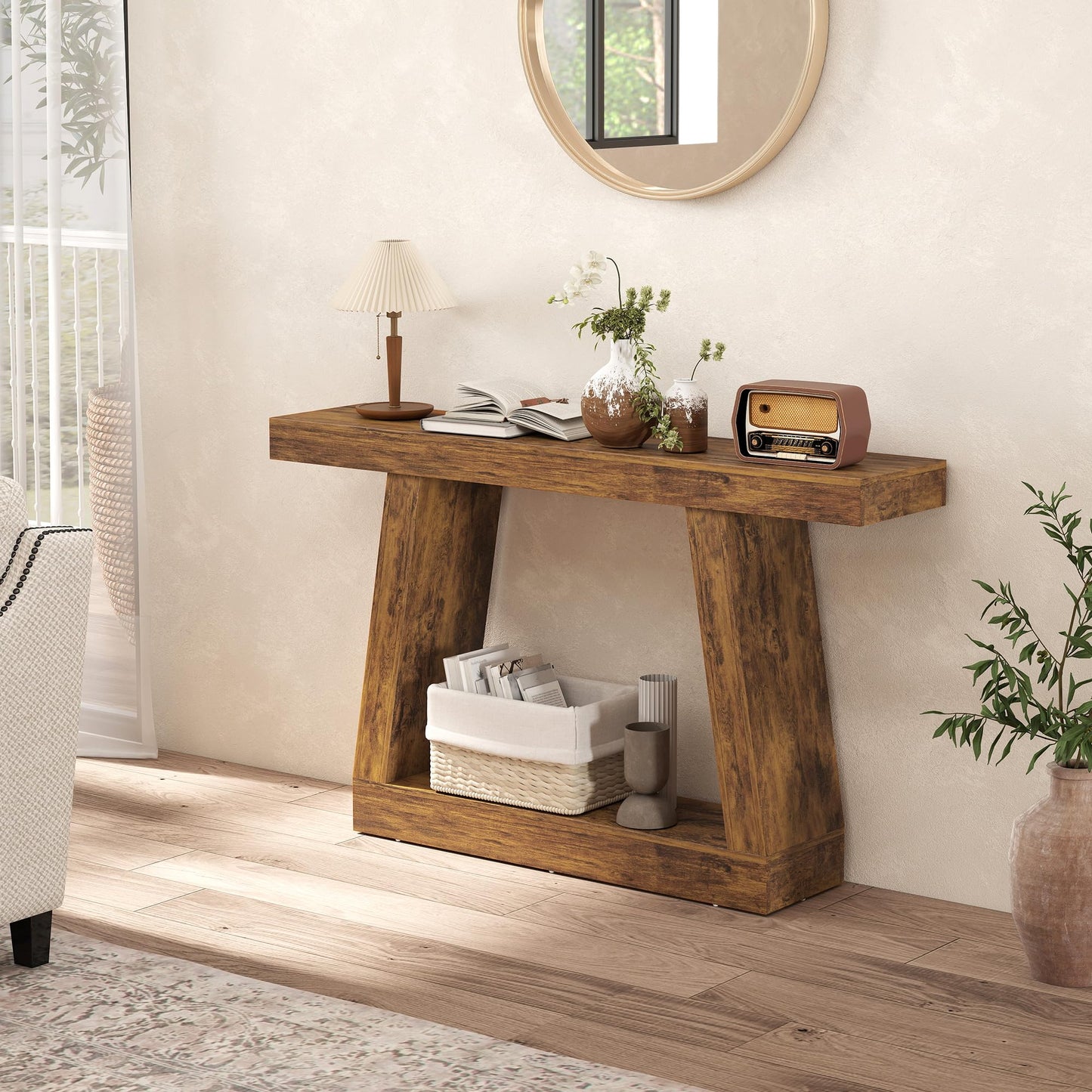 HOMCOM 55.1" Entryway Table, 2-Tier Farmhouse Console Table with Thickened Tabletop, Storage Shelf and Trapezoidal Base for Entryway, Behind Couch Sofa, Living Room, Hallway, Entrance, Rustic Brown