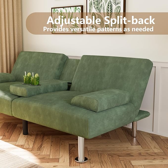 Flamaker Futon Sofa Bed Corduroy Folding Couch Adjustable Sleeper Sofa Bed for Small Apartment Upholstered Living Room Furniture Set with 2 Cup Holders Removable Armrests (Corduroy, Green)