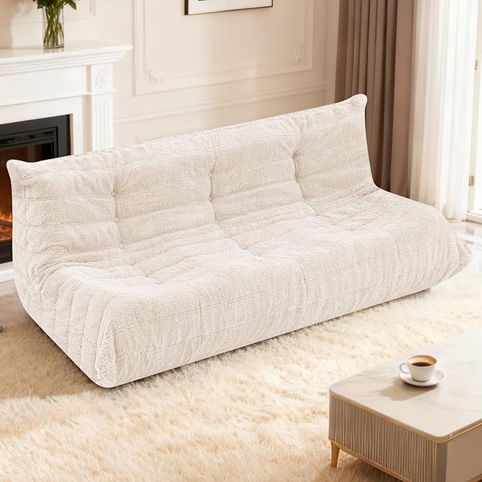 HABUTWAY Bean Bag Chairs Fireside Lazy Floor Sofa, Soft Teddy Fleece 3 Seater Sofa with High-Resilience Foam Filling,Beanbag for Living Room, Bedroom, Office (Beige Teddy)