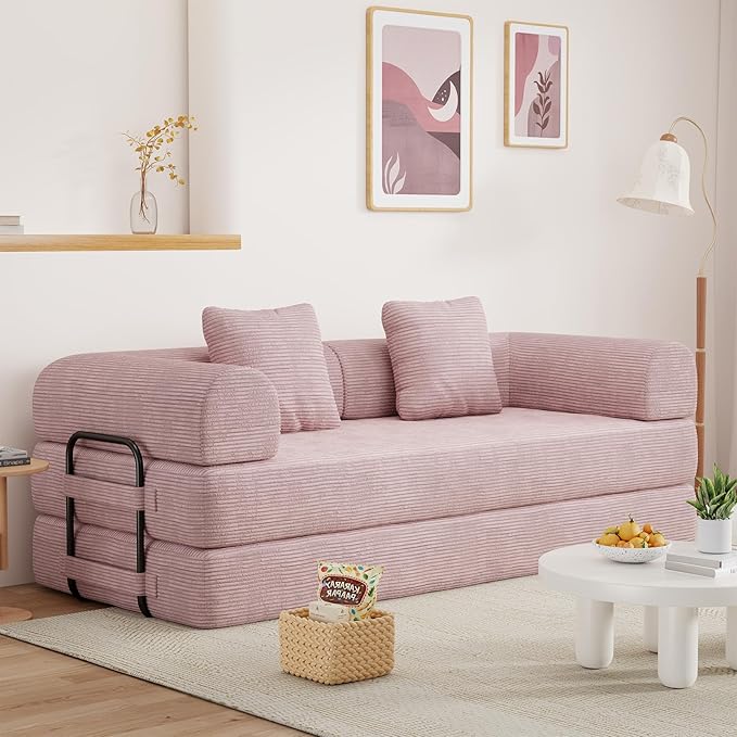 77" Convertible Sofa Bed, Modular Folding Futon Corduroy Floor Foam Compressed Loveseat Sleeper Sofa Couch, Pull Out Queen Size Couch Bed with 2 Pillows for Living Room Guest Room Studio, Pink