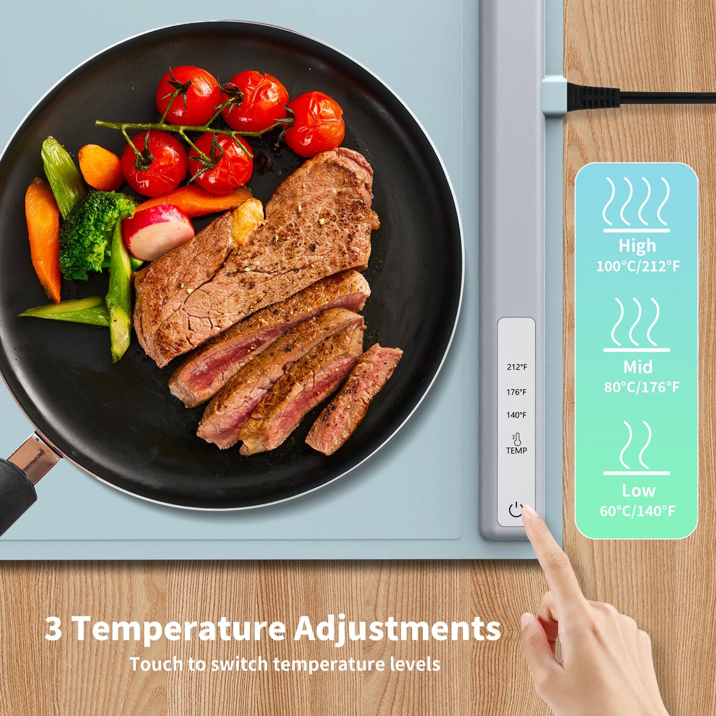 Food Warming Mat Electric Warming Tray, Fast Full Surface Heating with 3 Temperature Level, Rollable Silicone Heating Pad Food Warmer for Parties, Gatherings, Buffet, Countertop, Daily Use