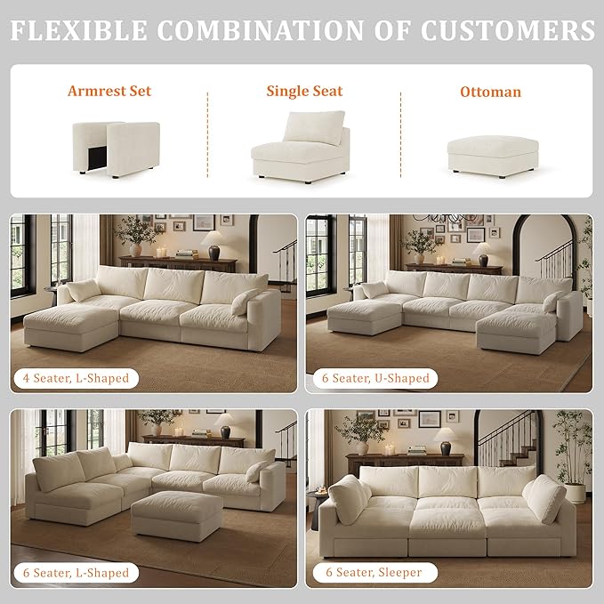 Cloud Modular Sectional Sofa Couch, 99" Oversized Sectional Couches for Living Room, Cloud Modular I-Shaped Sofa with Chaise, 3 Seater, Chenille, Beige
