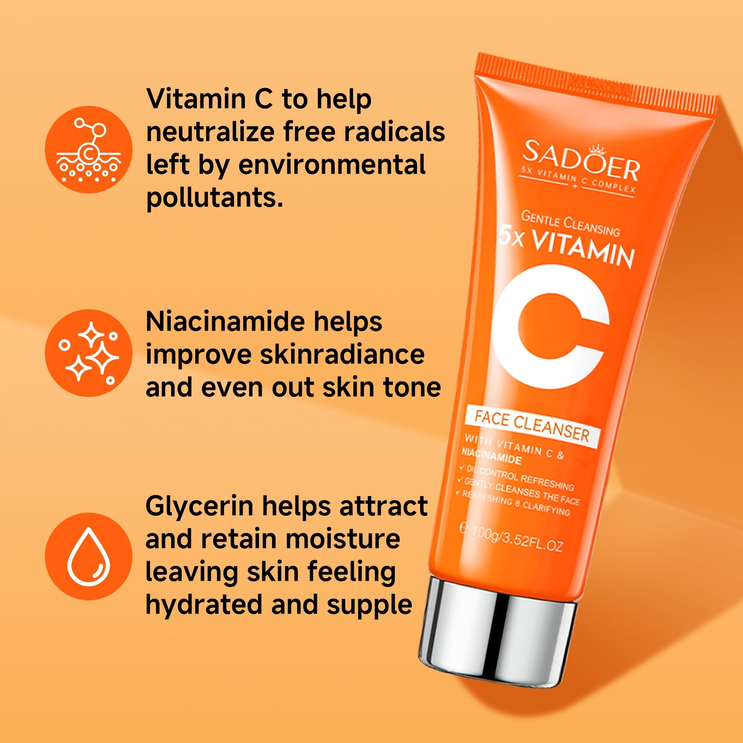 5X Vitamin C Face Cleanser 100g(2 Bottle) ,SADOER Facial cleanser Niacinamide & Hyaluronic Acid, Gentle Pore Refining Daily Wash