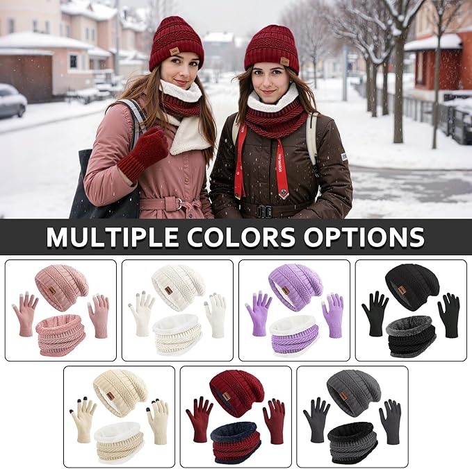 Winter Hats for Women Beanie Hat Warm Thick Knit Skull Cap Hat and Scarf Gloves Sets