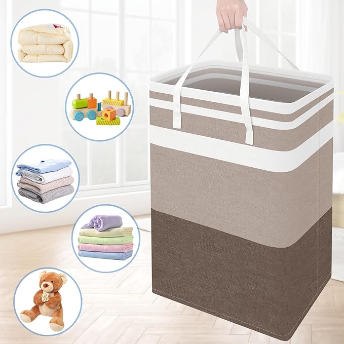 BlissTotes 3-Pack Laundry Basket, Freestanding&Waterproof Laundry Hamper, Collapsible Tall Clothes Hamper with Easy Carry Handles for Clothes, Towels in the Family and Dorm,Gradient Khaki,125L