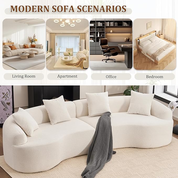 110" Oversized Modern Curved Cloud Sectional Sofa, Luxury Plush Chenille 4-Seater Deep Wide Seat Couch with 4 Pillows, No Assembly Needed Apartment Living Room Furniture, Beige