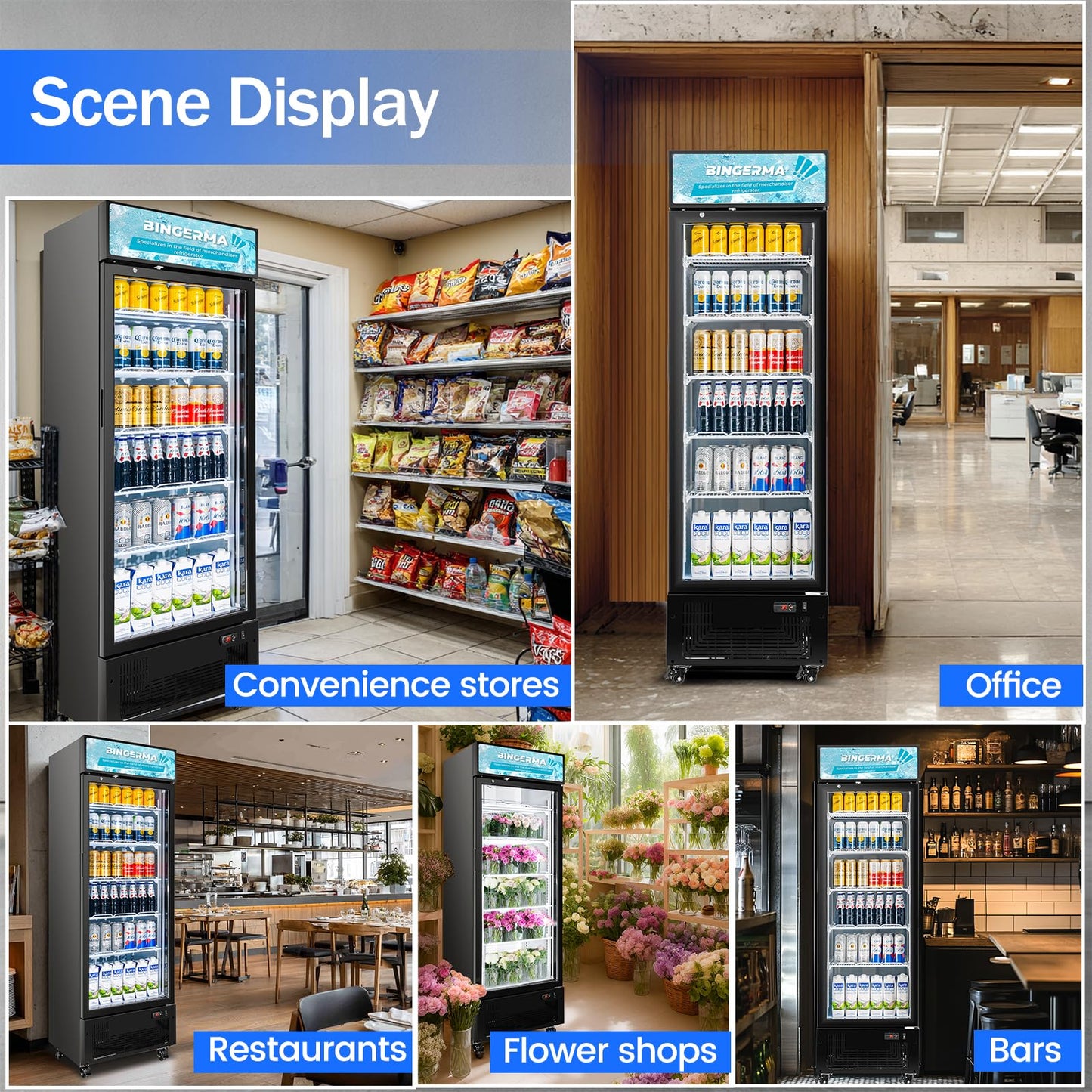 BINGERMA Commercial Display Refrigerator with Glass Door 12 Cu.ft Merchandiser Beverage Cooler Bar Black Drink Fridge for Convenience Stores, Supermarkets,Bars,Offices
