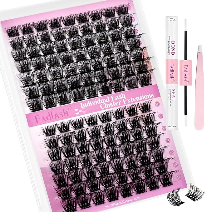 FADLASH Lash Extension Kit Lash Clusters Kit 10-18mm Eyelash Cluster Lashes with Lash Bond and Seal Lash Tweezers DIY at Home (KLS52+ZW03-07D-10-18 Kit)