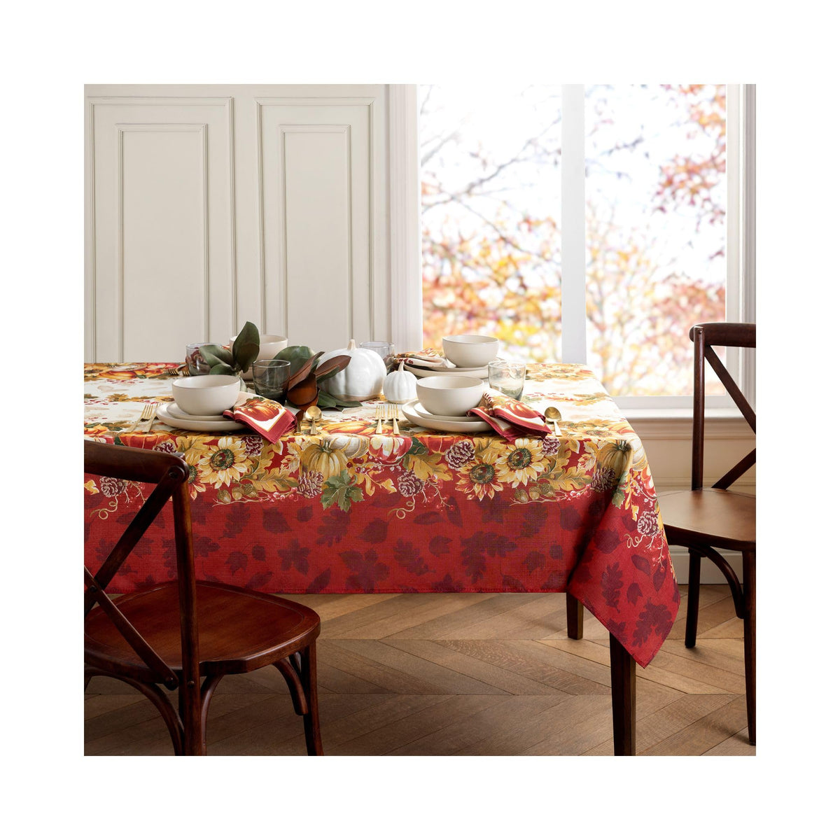 Elrene Home Fashions Swaying Leaves Bordered Fall, Seasonal and Holiday Tablecloth, 60" x 144" Oblong/Rectangle, Multi