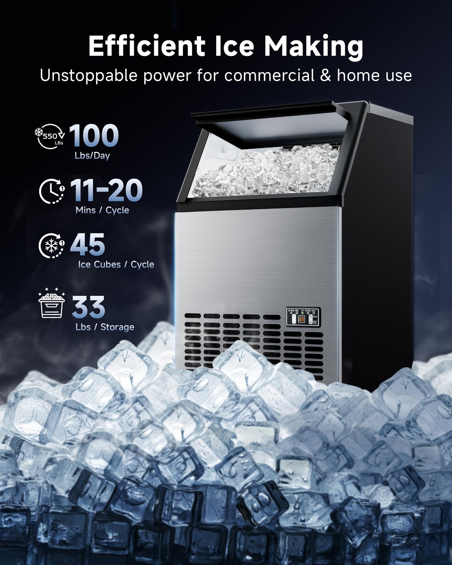 ICEVIVAL Commercial Ice Maker, 100Lbs/Day, 45 Cubes in 11 Mins, Under Counter Ice Maker with 33Lbs Storage, Self-Cleaning, Timer, Ice Maker Machine for Home/Bar/Cafe (Commercial Grade)