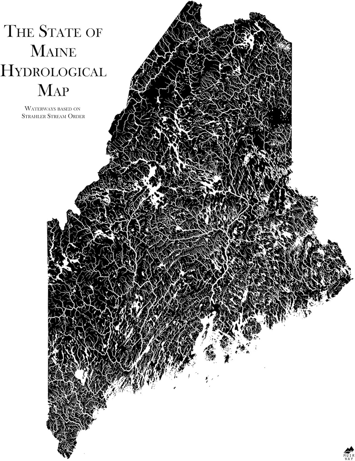 Muir Way Hydrological River Map of Maine - Watershed Topographic Wall Art for Home, Office, or Travel Decor - Unframed Flat Paper Print, 24x30
