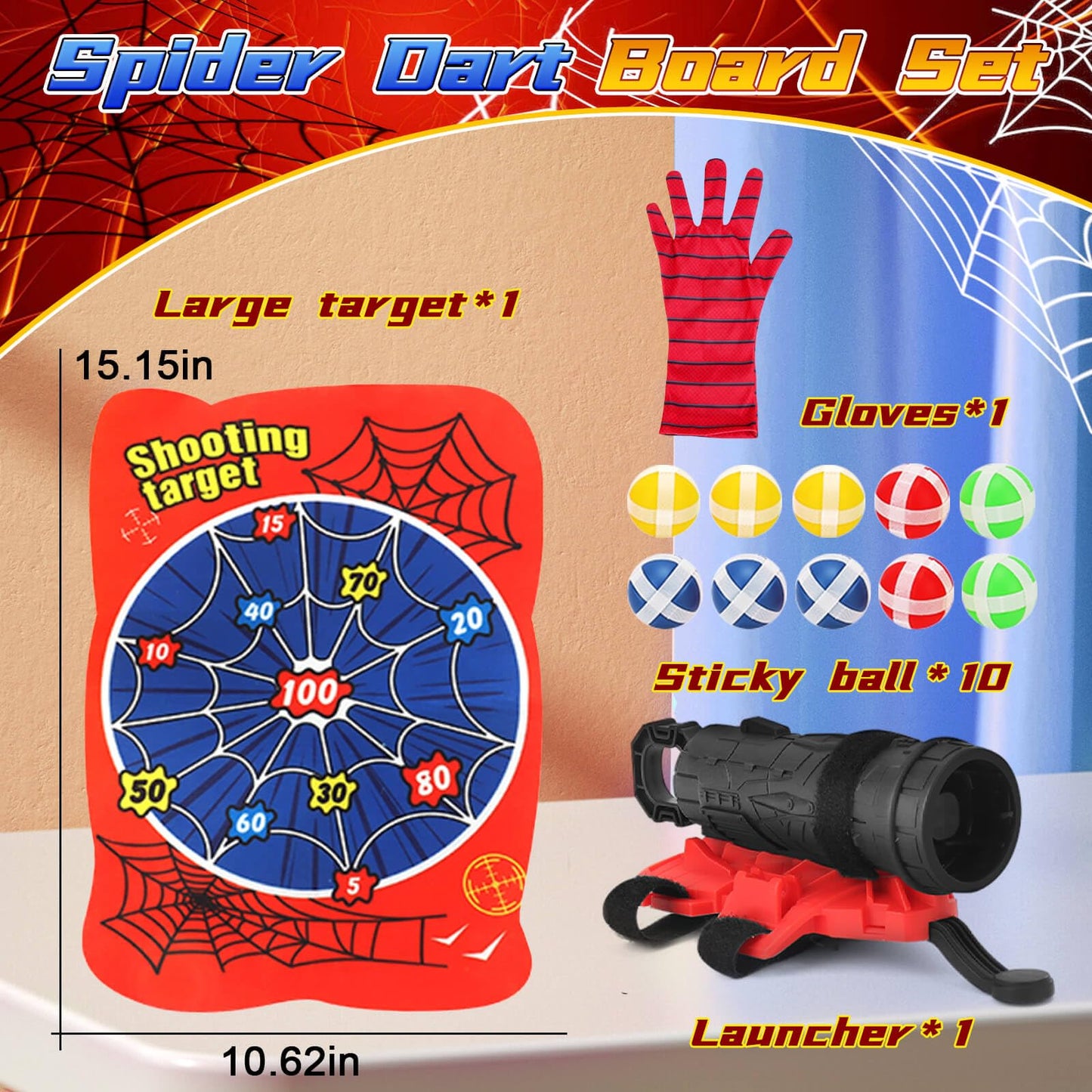 YOTOY Sports and Outdoors Games for Kids Age 8-12: Spider Dart Board with Web Shooters, 10 Velcro Sticky Balls, Toys for 3 4 5 6 7 8 9 10 11 12 Year Old Boys Girls - Birthday Gift Ideas