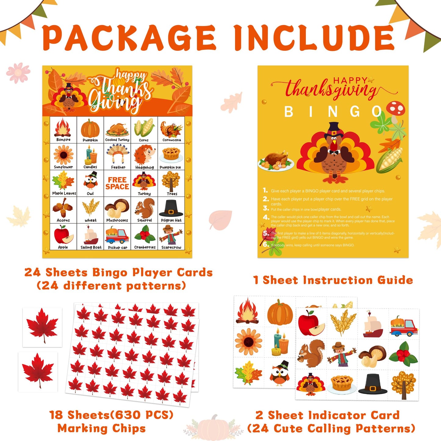 Yoqipati 45PCS Thanksgiving Bingo Game Cards for 24 Players - Family and Large Group Party Favors