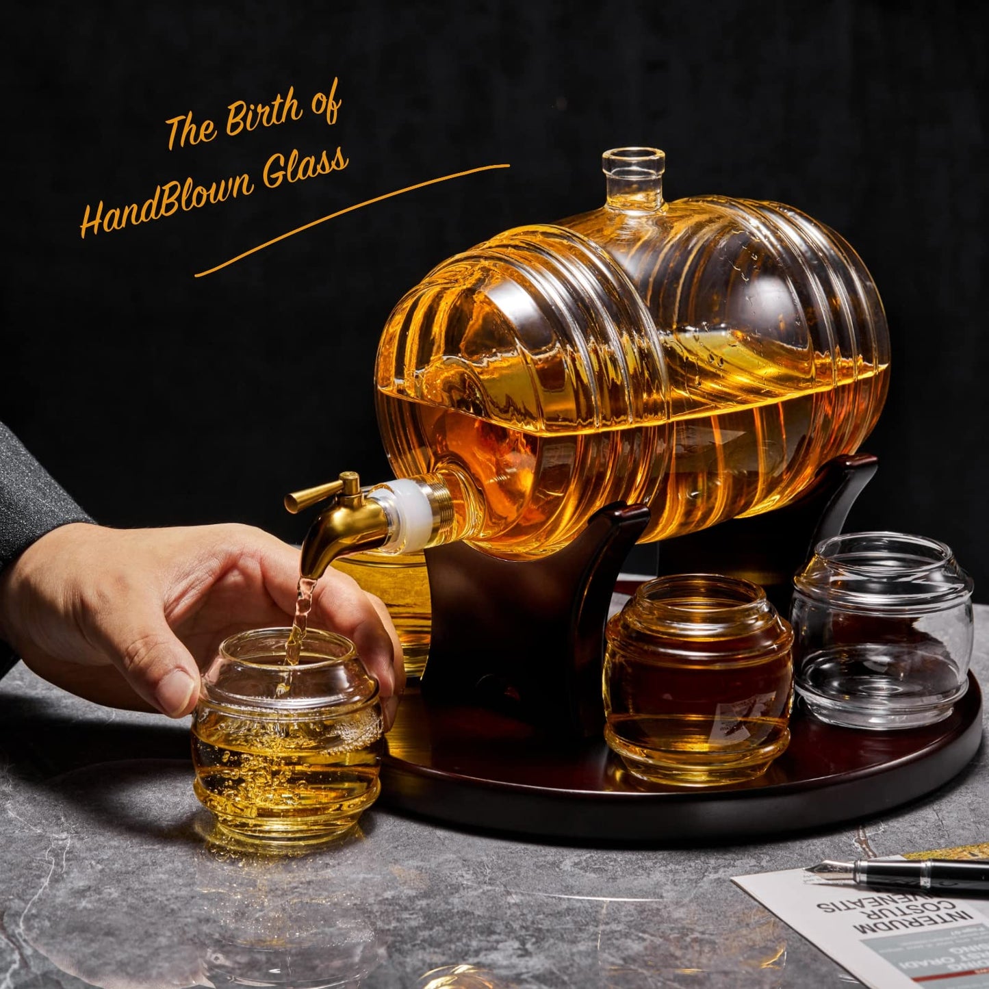 CRAFTGEN Whiskey Barrel Decanter Set for Home Bar, Unique Birthday Gifts for Men Dad, 1.3 Liter Barrel Liquor Dispenser with 4 Glasses for Bourbon, Scotch, Vodka, Tequila, Rum, Wine, Alcohol