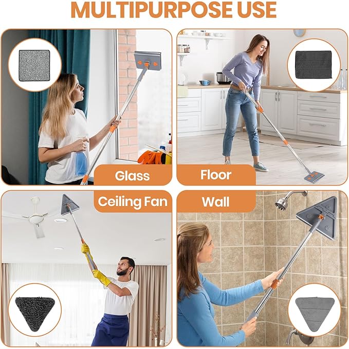 85'' Wall Mop and Baseboard Cleaner Tool with Handle 2-in-1 Wall Cleaner Mop with Triangle & Square Heads, 8pcs Reusable Pads for Cleaning, Ceiling, Wall, Floor, Shower